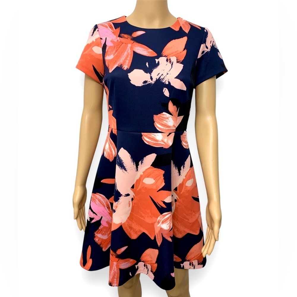 Vince Camuto Coral Pink Floral Flare Cocktail Mini Dress Women’s size 8P - Picture 1 of 12